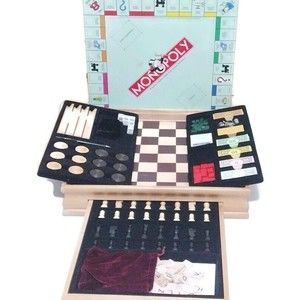 Monopoly Scrabble + 4 Classic Games Wood Cabinet ONLY MISSING DOMINO'S
